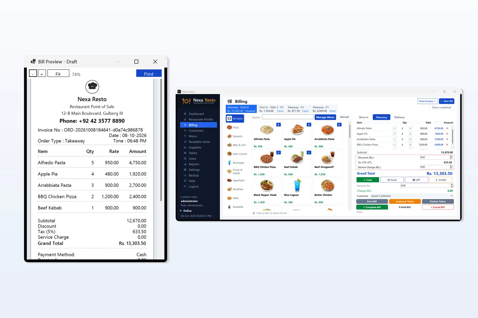 Restaurant POS Software customer bill print preview