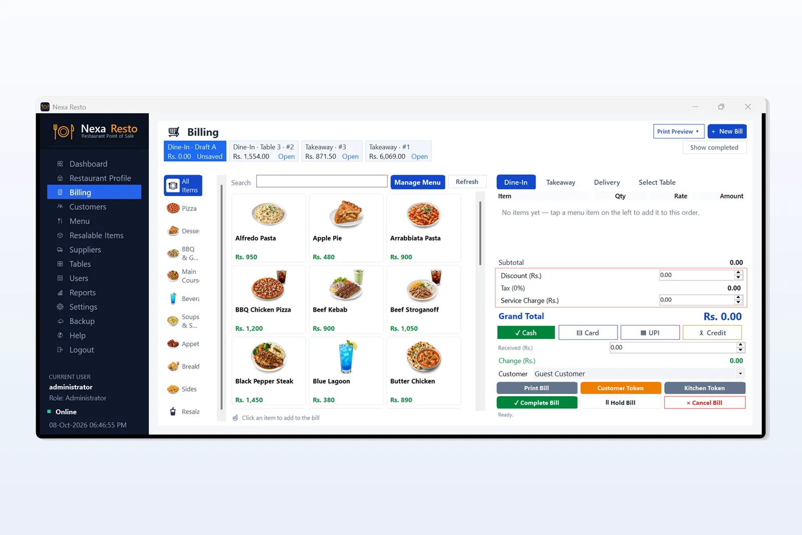 Restaurant POS Software billing screen with picture menu, cart and payment options