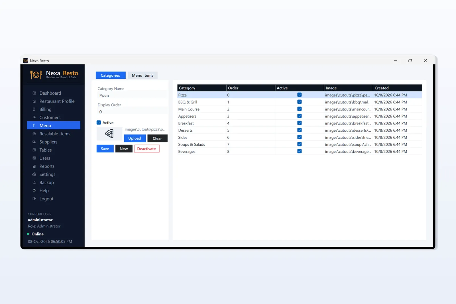 Restaurant POS Software menu categories and items management