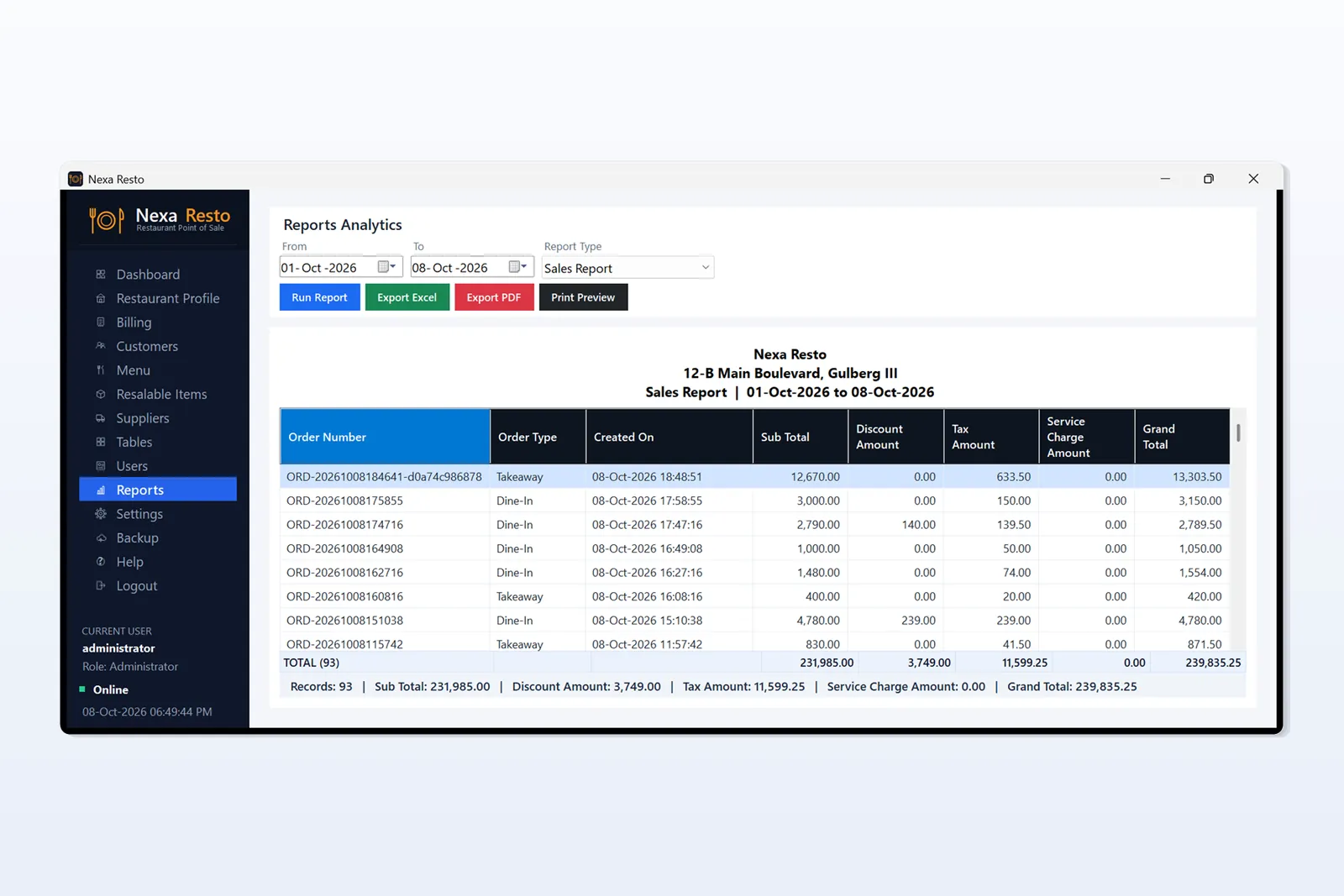 Restaurant POS Software sales report with date filter and Excel/PDF export