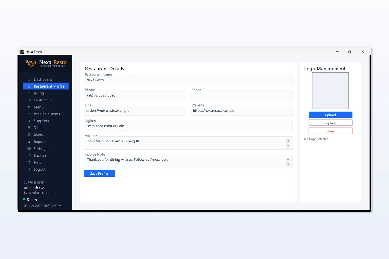 Restaurant POS Software restaurant profile with name, address and phone for bills