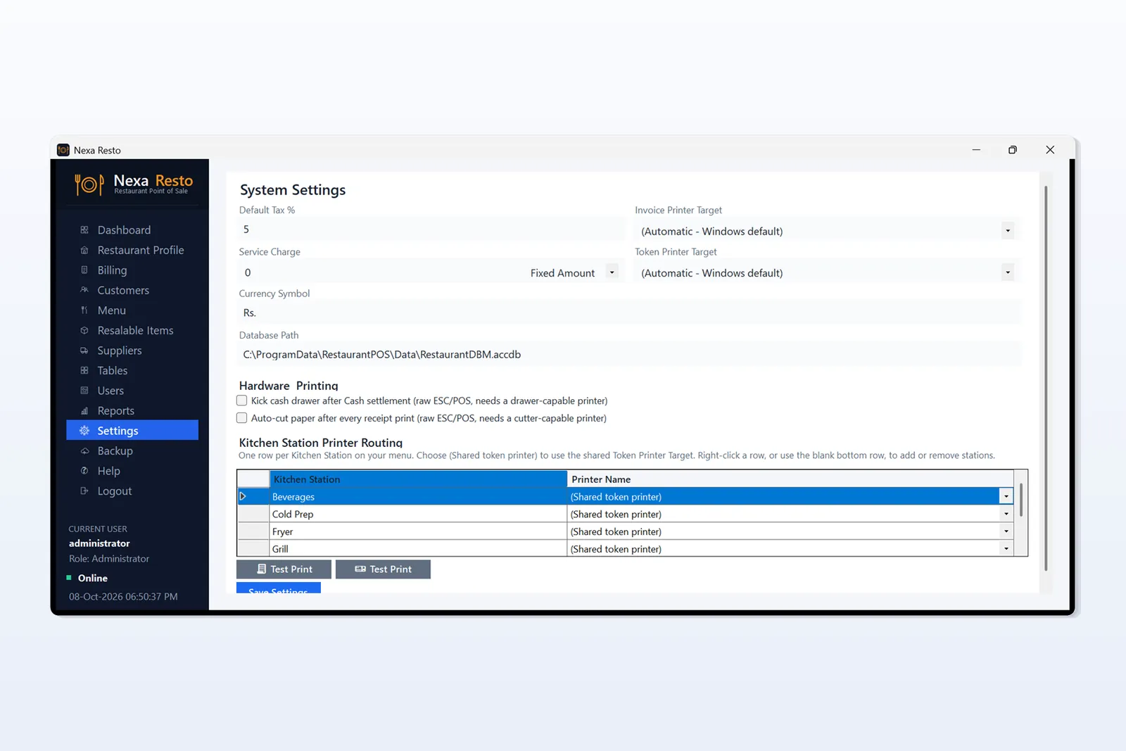 Restaurant POS Software settings for currency, tax and service charge