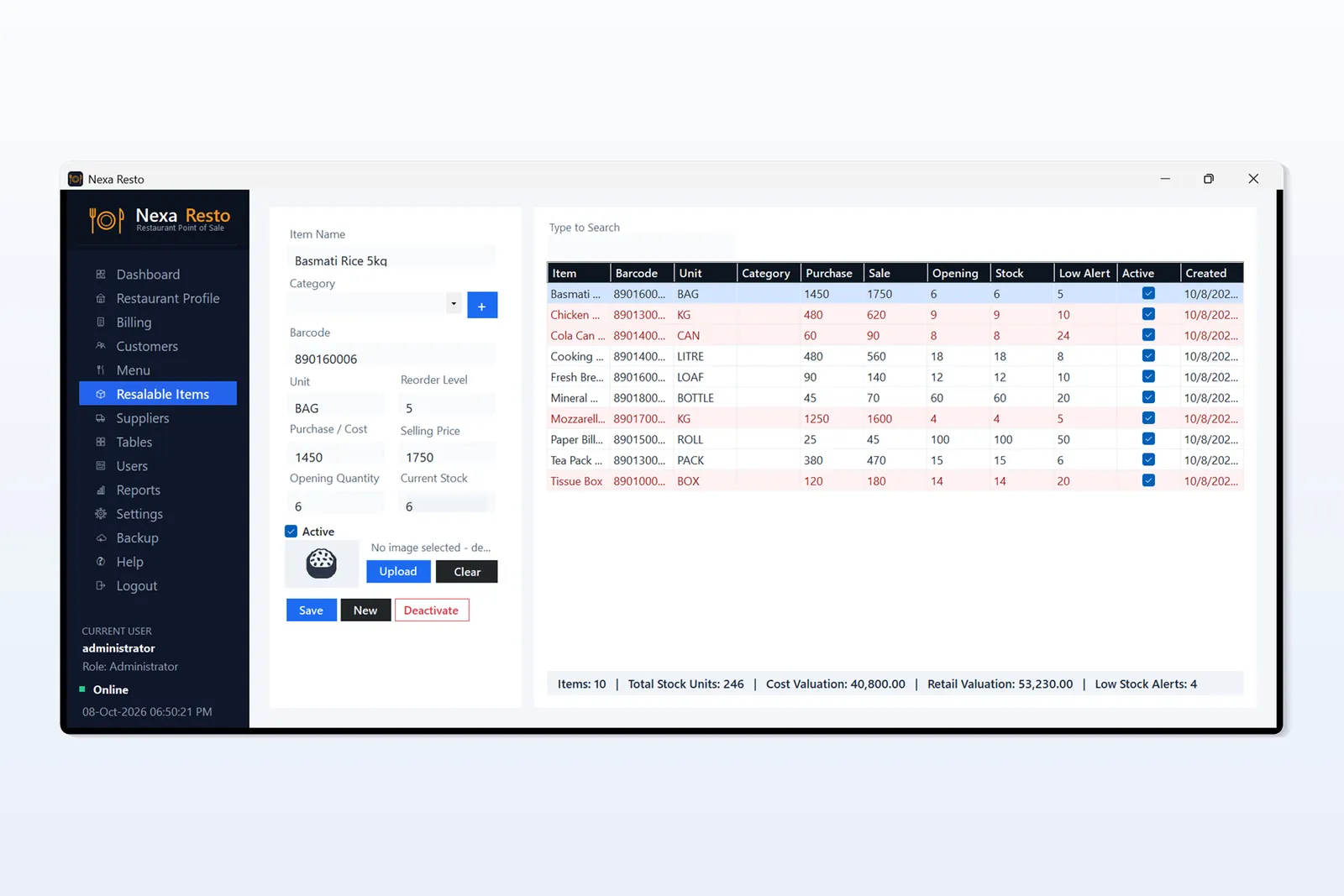 Restaurant POS Software resalable items with barcode, stock and low-stock alerts