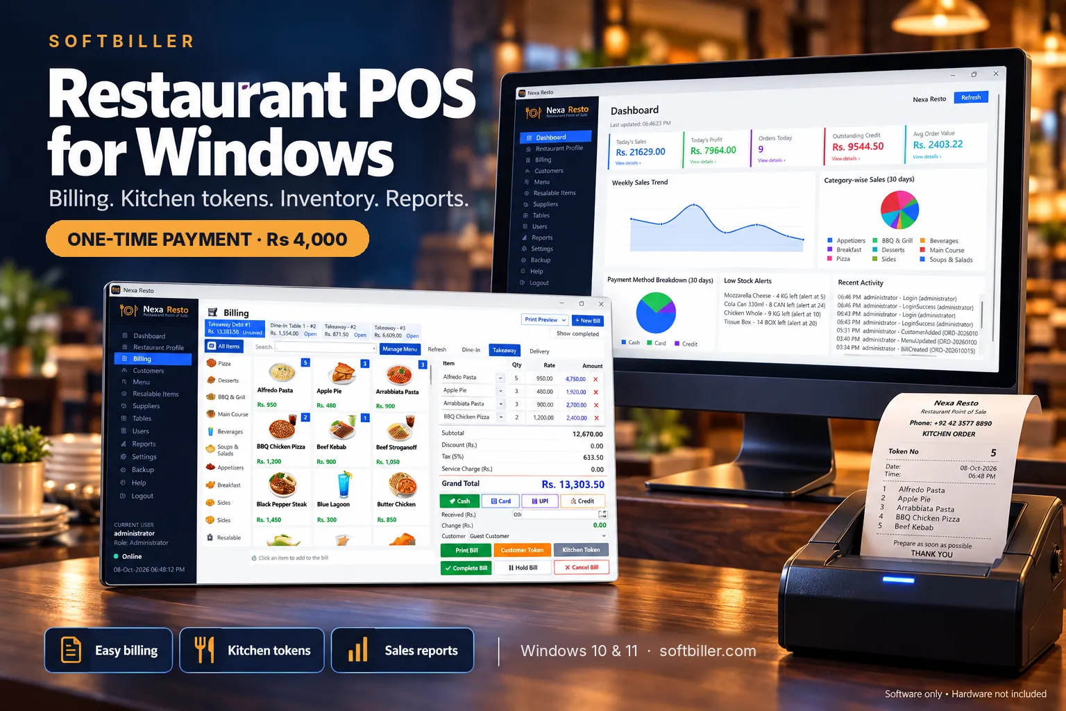 SoftBiller Restaurant POS for Windows - billing, kitchen tokens, inventory and reports, one-time payment Rs 4,000